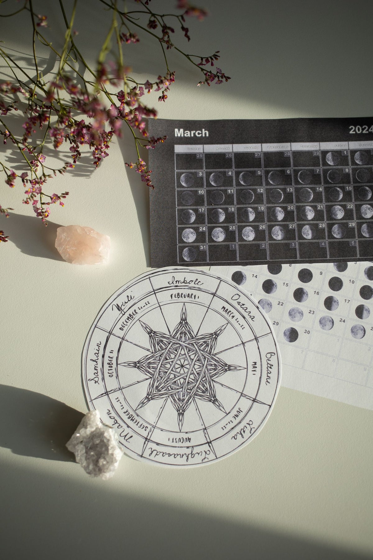 Moon phases calendar with flowers on a desk