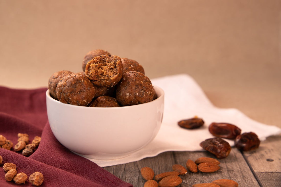 Bowl of energy balls made with nuts and dates