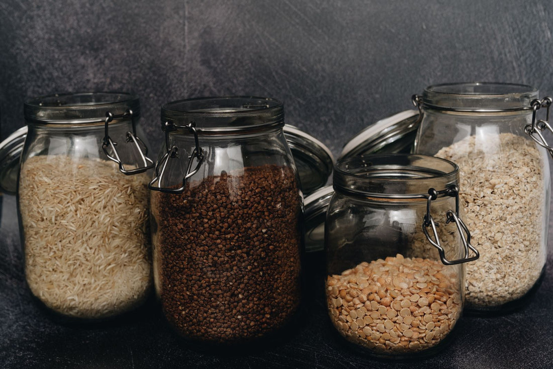 Jars of buckwheat, lentils, rice and oats