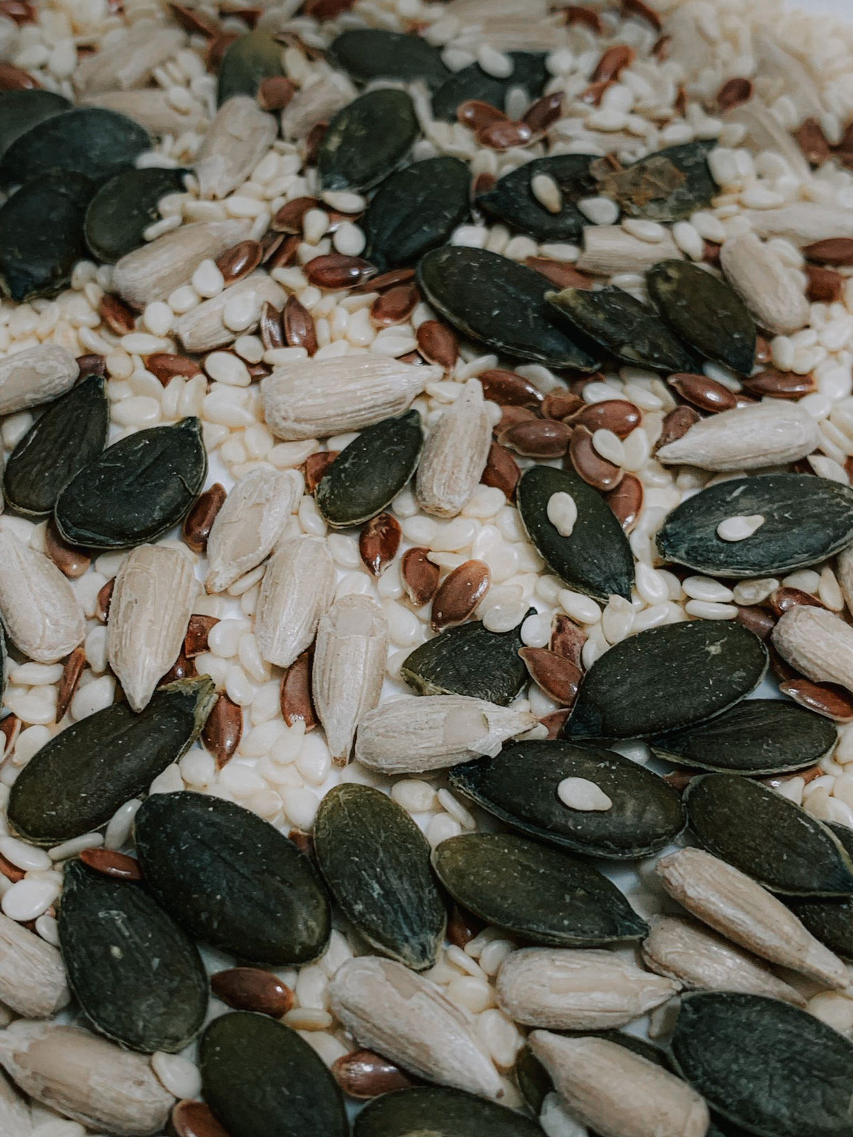 Assorted raw seeds including sunflower and pumpkin seeds scattered on a table