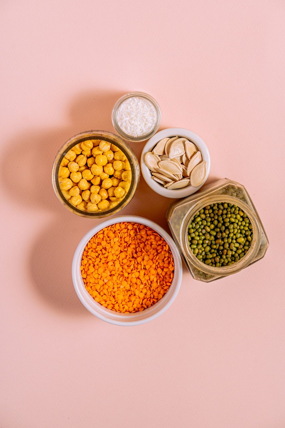 Legumes and seeds in bowls