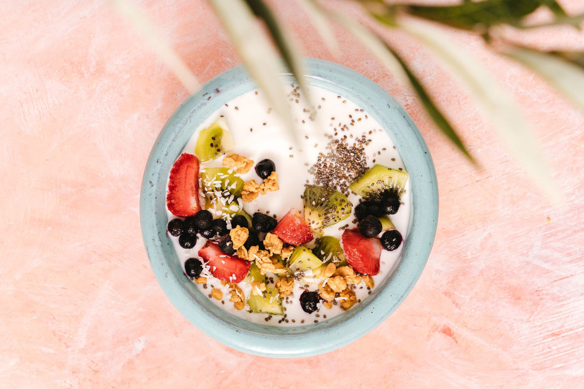 Yoghurt bowl with fruit and seeds