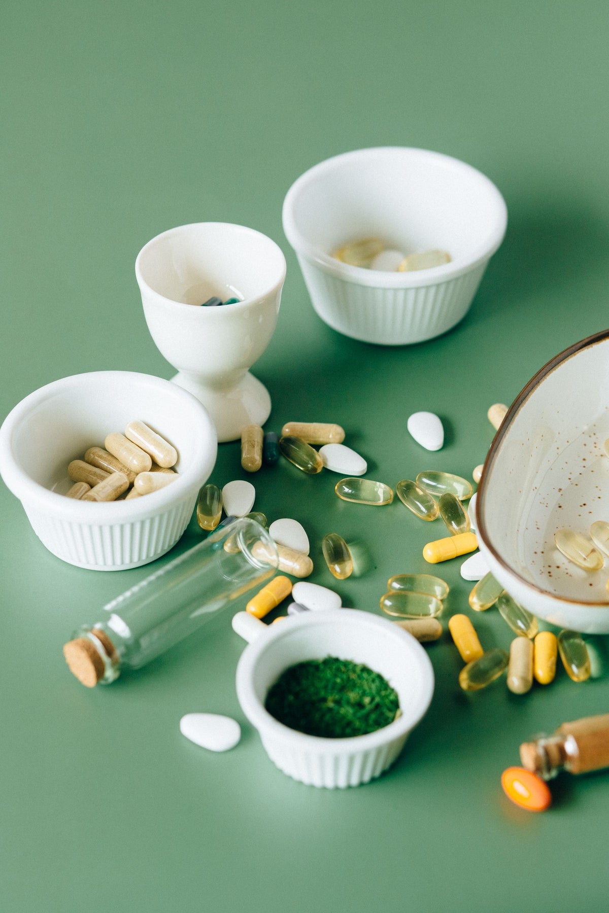 Supplements in ceramic bowls