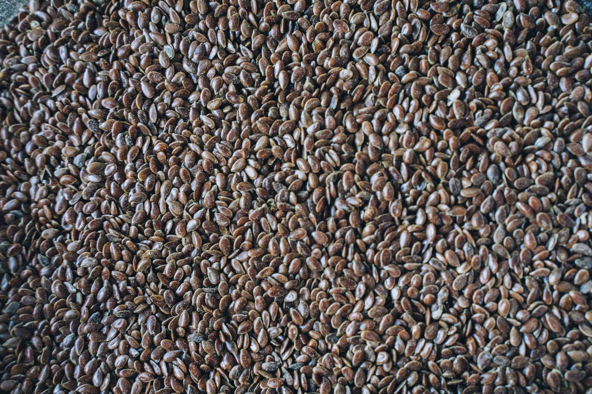 Close-up of a mound of flax seeds
