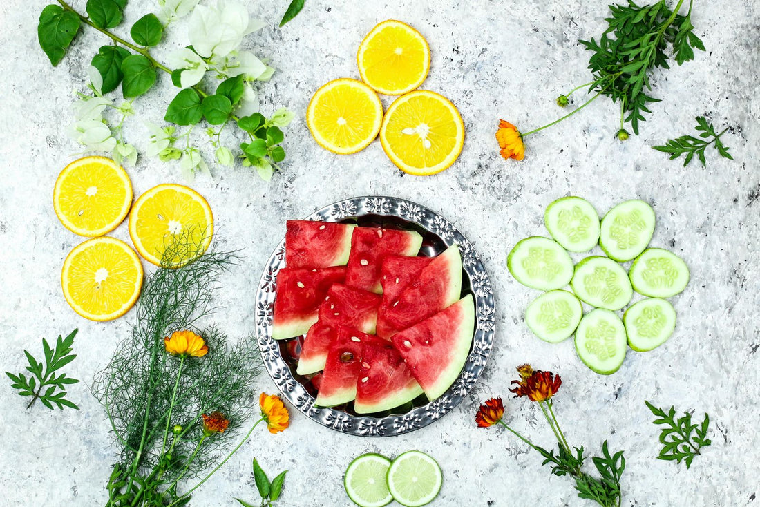 Fruit and vegetable slices on a table
