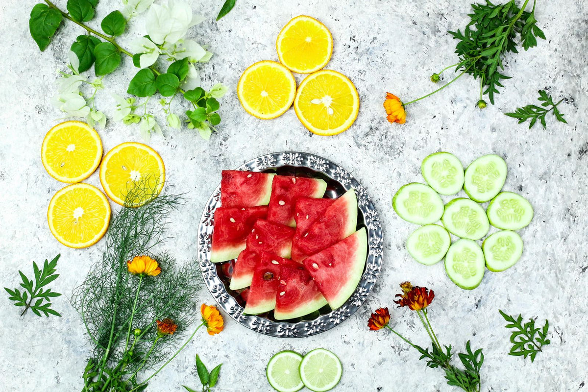 Fruit and vegetable slices on a table