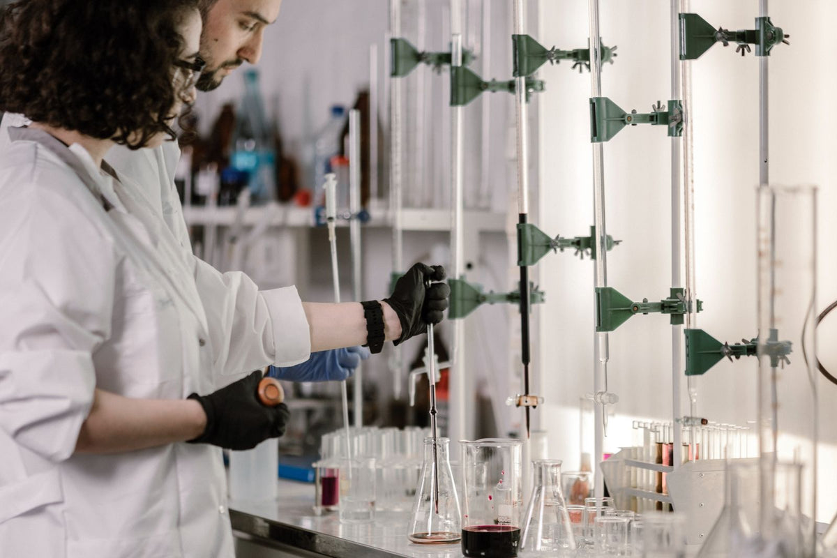 Scientists working with test tubes in a lab