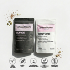Two Phasebloom packages, 'Surge' and 'Restore', on a light gray background with visible branding and product details.