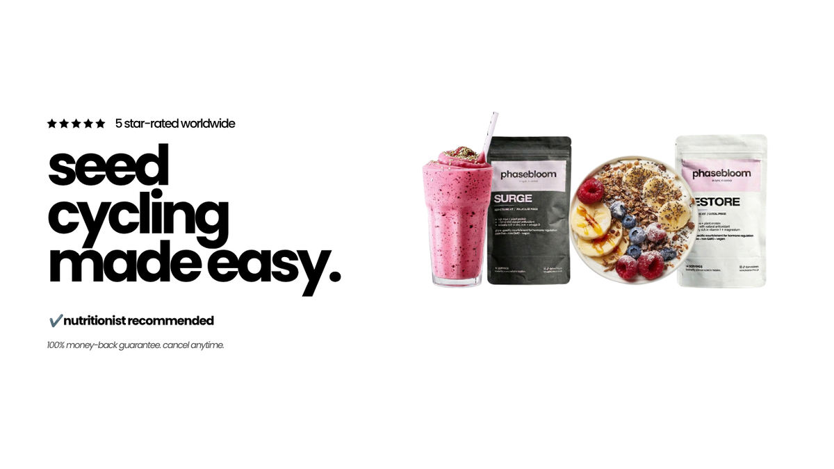 Promotional graphic for Phasebloom seed cycling kit and Phasestore showing a pink smoothie, a black Phasebloom Surge bag, and a white Phasestore bag with a bowl of granola on a white background with large marketing text on the left.