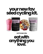 Promotional image of PhaseBloom seed cycling kit with a pink smoothie, black container, and bowl of cereal.