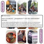 Promotional collage for phasebloom seed cycling kit with customer testimonials and product images.