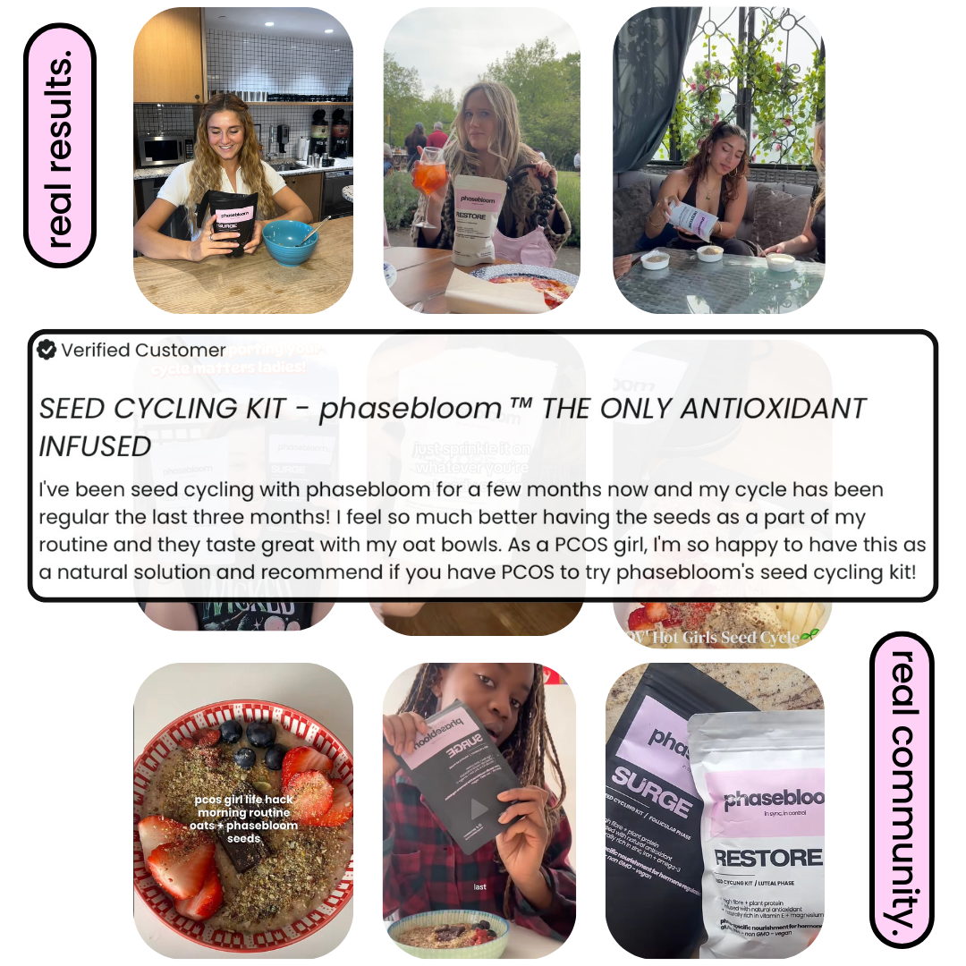 Promotional collage for phasebloom seed cycling kit with customer testimonials and product images.