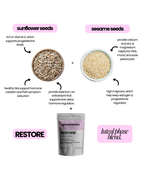 seed cycling explained of sunflower seeds and sesame seeds for luteal phase phasebloom seed cycling kit labeled 'Restore'. phasebloom seed cycling kit. seed cycling for hormone balance,