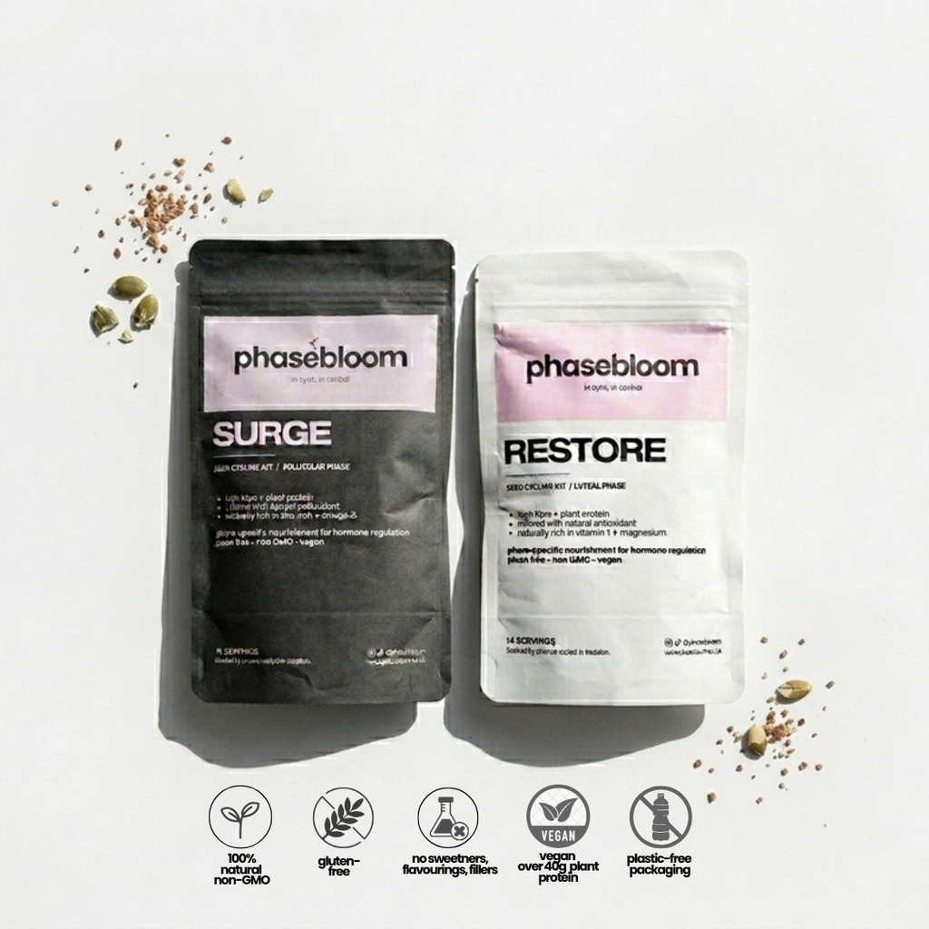 Two Phasebloom supplement packages, 'Surge' and 'Restore', on a white background with visible branding and product details. phasebloom seed cycling kit. seed cycling for hormone balance, restore for luteal phase surge for follicular phase
