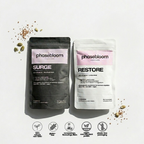 Two Phasebloom supplement packages, 'Surge' and 'Restore', on a white background with visible branding and product details. phasebloom seed cycling kit. seed cycling for hormone balance, restore for luteal phase surge for follicular phase
