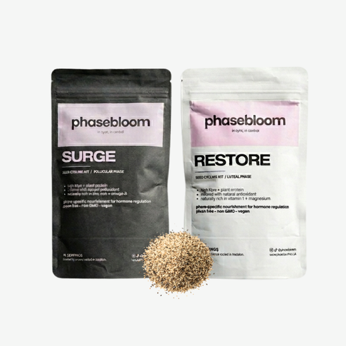phasebloom seed cycling kit organic antioxidant for pcos pmos irregular periods amenorrhea pmdd