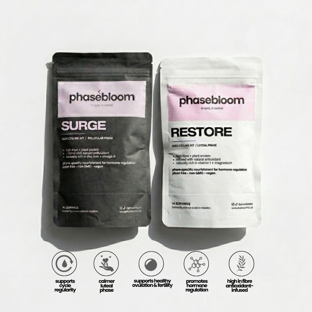 phasebloom seed cycling kit. seed cycling for hormone balance, restore for luteal phase surge for follicular phase